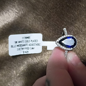 Authentic 18K White Gold Plated Blue Moissanite Halo Ring Adjustable Teardrop Shape
