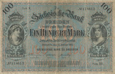Sächsische Bank .Banknote . Hundert Mark, 100 Mark. Deutsche Reichswährung