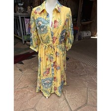 Yellow Floral Button-Front Midi Dress with Tie Waist