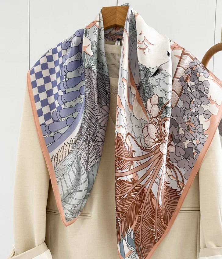Pure 14 Momme Silk Shawl knit Print Bandana Scarf 90X90cm Neckerchief Wrap new