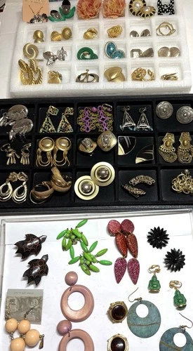 Vintage Costume Jewelry Big Earrings 60s-90s Lot 47 PR Enamel Buddha Celluloid