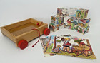 Vintage Wooden Wagon Pull Toy  Twelve Block Puzzle w/6 Puzzles