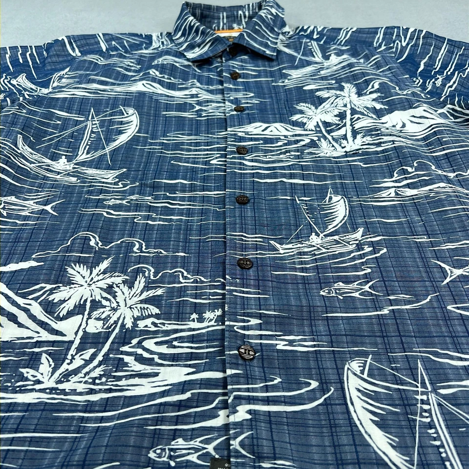 Camisa Quiksilver Waterman Para Hombres Grande Azul Hawaiano Aloha Palm Boats Estampado Campamento Foto 3 de 4