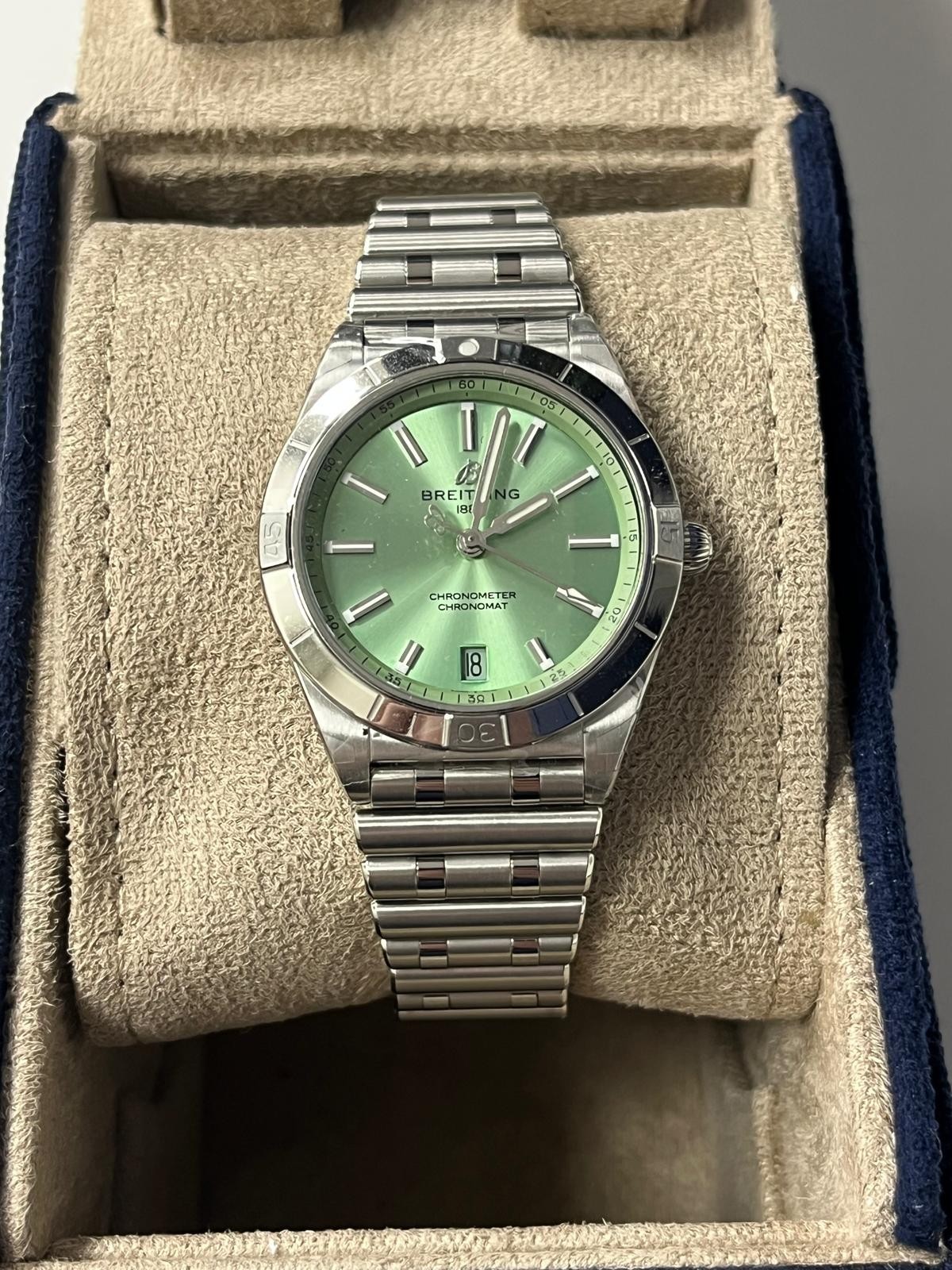 BREITLING A10380101L1A1 CHRONOMAT AUTO 36 GREEN DIAL STEEL BRACELET