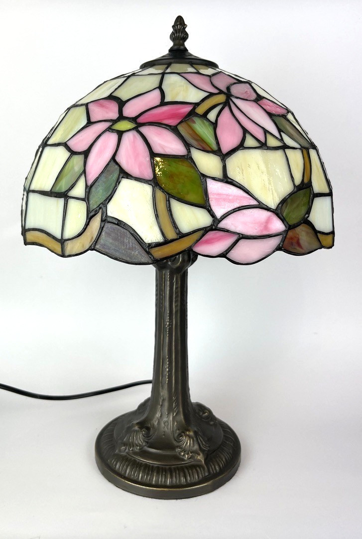 Large Tiffany Style Stained Glass Table Lamp Pink Floral Art Nouveau Light image 5