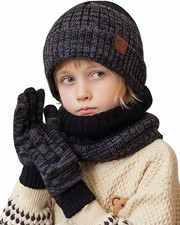 Kids Winter Hat Gloves Scarf Set Beanie hat Fleece Lining One Size, Black Mix