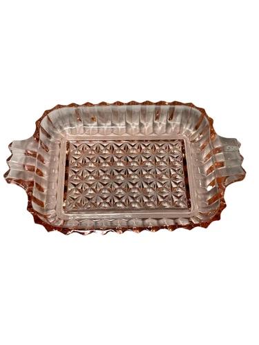 Vintage Pink Depression Jeanette Glass Tray With Handles Diamond Pattern 7.5”