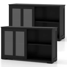 2-Door Stackable Buffet Sideboard Set of 2 w/ Sliding Tempered Glass Doors Black
