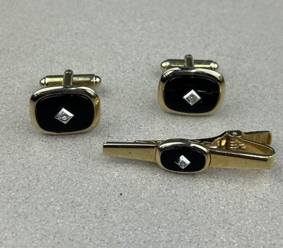 Anson VTG Black Gold Tone Faux Onyx Diamond Chip Cufflinks Tie Bar Set MCM