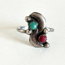 Vintage 925 Sterling Silver Green Turquoise Coral Southwestern Band Ring Size 5