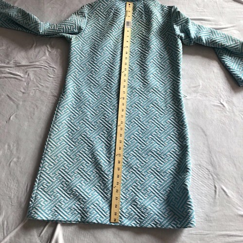 Vintage 70er Jahre Kleid türkis blau Druck vorne Reißverschluss langärmelig Gürtel Polyester - Bild 8 von 9