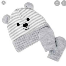 Wonder Nation Baby Infant Bear Beanie Hat  Mitten Set Grey White One Size NWT
