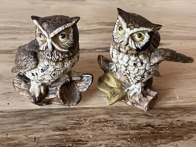 Vintage 2 Homco Porcelain Great Horned Owl Figurines Pair #1114