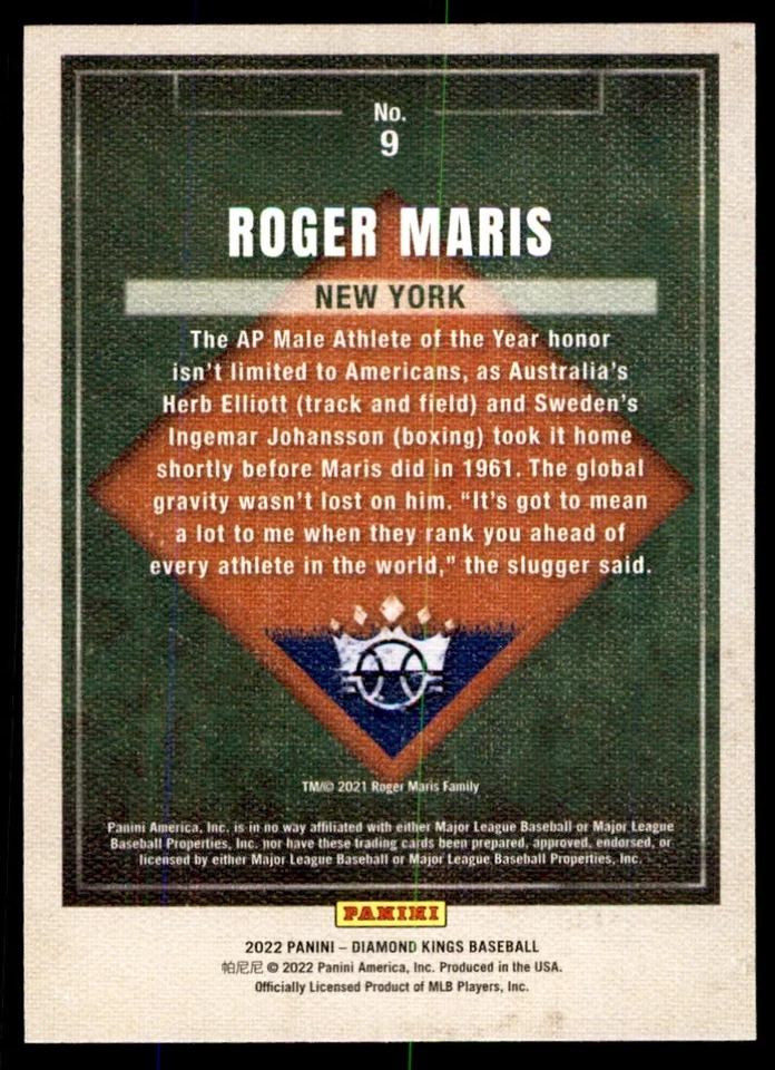 2022 Panini Diamond Kings Roger Maris Baseball Cards #9 - Image 2 of 2