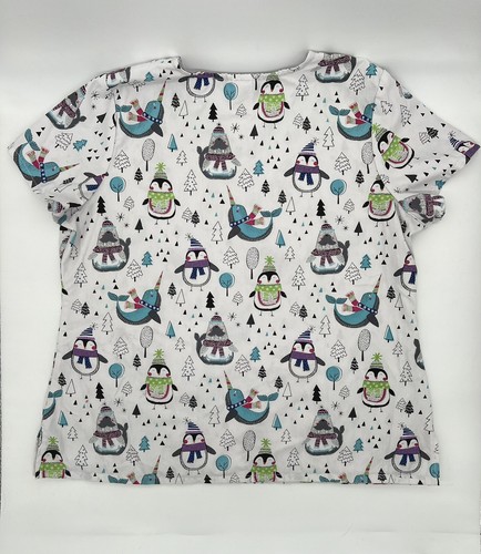 Christmas Scrub Top V Neck Penguin Norwahl Walrus White Holiday Scrub Top XL - Picture 3 of 14