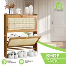 Shoe Storage Bamboo 4 Tier 27" Boots Organizer Shelf Brown w/Plastic Rattan Door