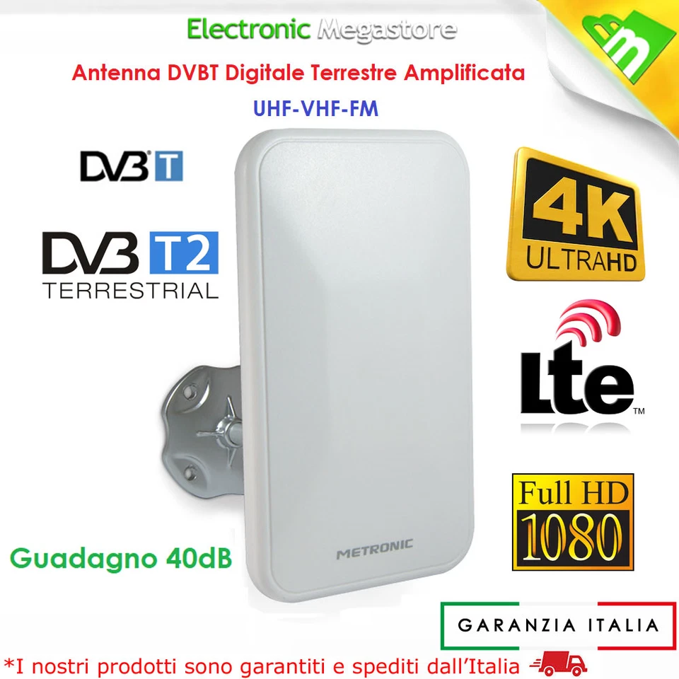 METRONIC Antenna Amplificata TV digitale terrestre Interno Esterno UHF VHF FM 40dB LTE