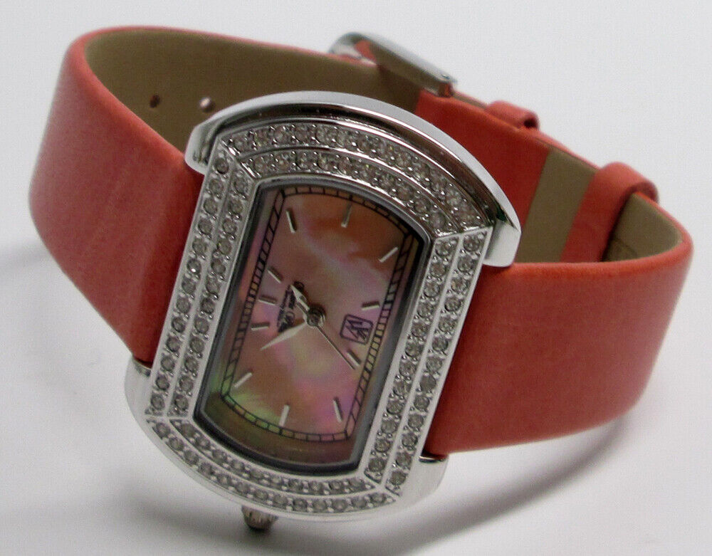 VICTORIA WIECK Pink Leather & Crystal Quartz Wrist Watch Stainless Steel B5838