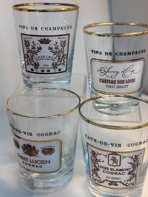 4 Vtg Williams Sonoma Bar glasses 2 Vin de Champagne 2 Louis Blaimont Cognac