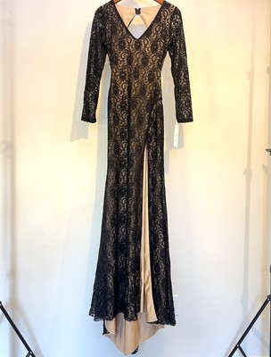 Atria Clothing Black Lace Gown Nude Lining Evening Dress Long Sleeve NWT Size M
