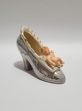 Vintage Small Glazed Ceramic Shoe With Baby Figurine, Novelty Baby Shower Gift