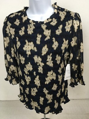 No Boundaries Top Women Size S Navy Blue White Smocked Mesh 3/4 Sleeves New