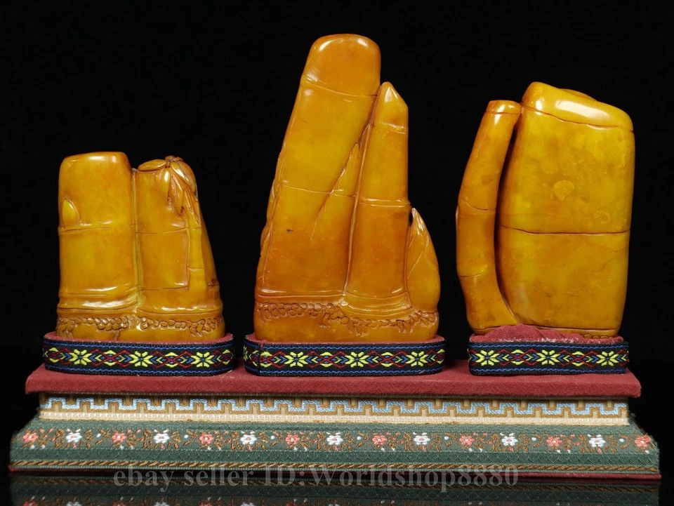 Juego de 3 sellos de estatua de bambú tallados en piedra Shoushan china antigua de 9,6" Foto 4 de 4