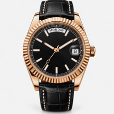 Miyota 8285 Automatic Watch Rose Gold Fluted Bezel Black Dial Leather Strap