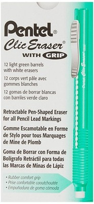 Pentel Clic Eraser Grip, Retractable Eraser, Light Box of 12, Green