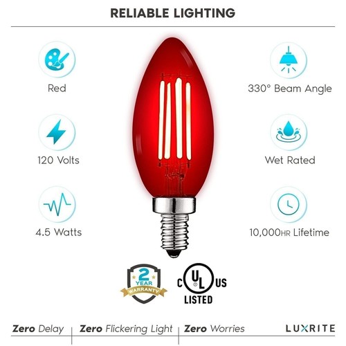 Luxrite E12 LED Filament Red Light Bulbs, 4.5W=40W, UL, E12 Base 2 Pack - Picture 6 of 7