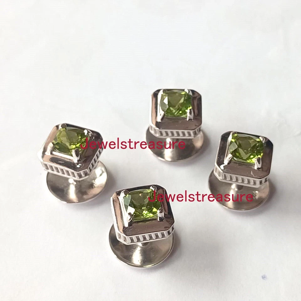 Conjunto de piedras preciosas de peridoto natural con botones de esmoquin de plata de ley 925 para hombre #31 Foto 4 de 4