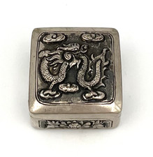 Antike Pillendose Silber Tabati&egrave;re Drache Blumen Asia Schmuckschatulle Box #3730