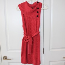 TALBOTS Red Sleeveless Belted Cable Knit Sweater Dress Button Shawl Collar | M