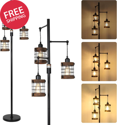 Dimmable Floor Lamps for Living Room, 3-Light Industrial Floor Lamp with Wood & 