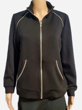 Elie Tahari Knit Jacket M Black Soft Stretch Zip Front Silver Trim Pockets New