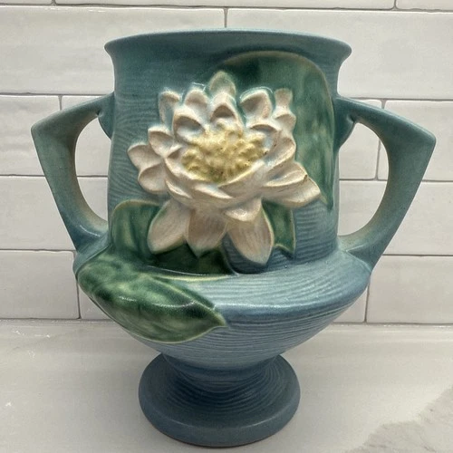 Roseville Pottery Lotus 175-8 Vase Blue Green Double Handle Vtg Art Deco READ: