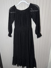 BCBGeneration Dress Womens 2 Black Glitter Fairy Smocked Midi LS Ruffle NEW $128