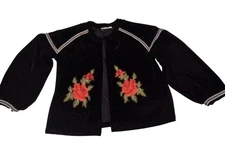 Elodie Velvet Embroidered Open Front Jacket Sz M Roses Bishop Whimsigoth Peasant