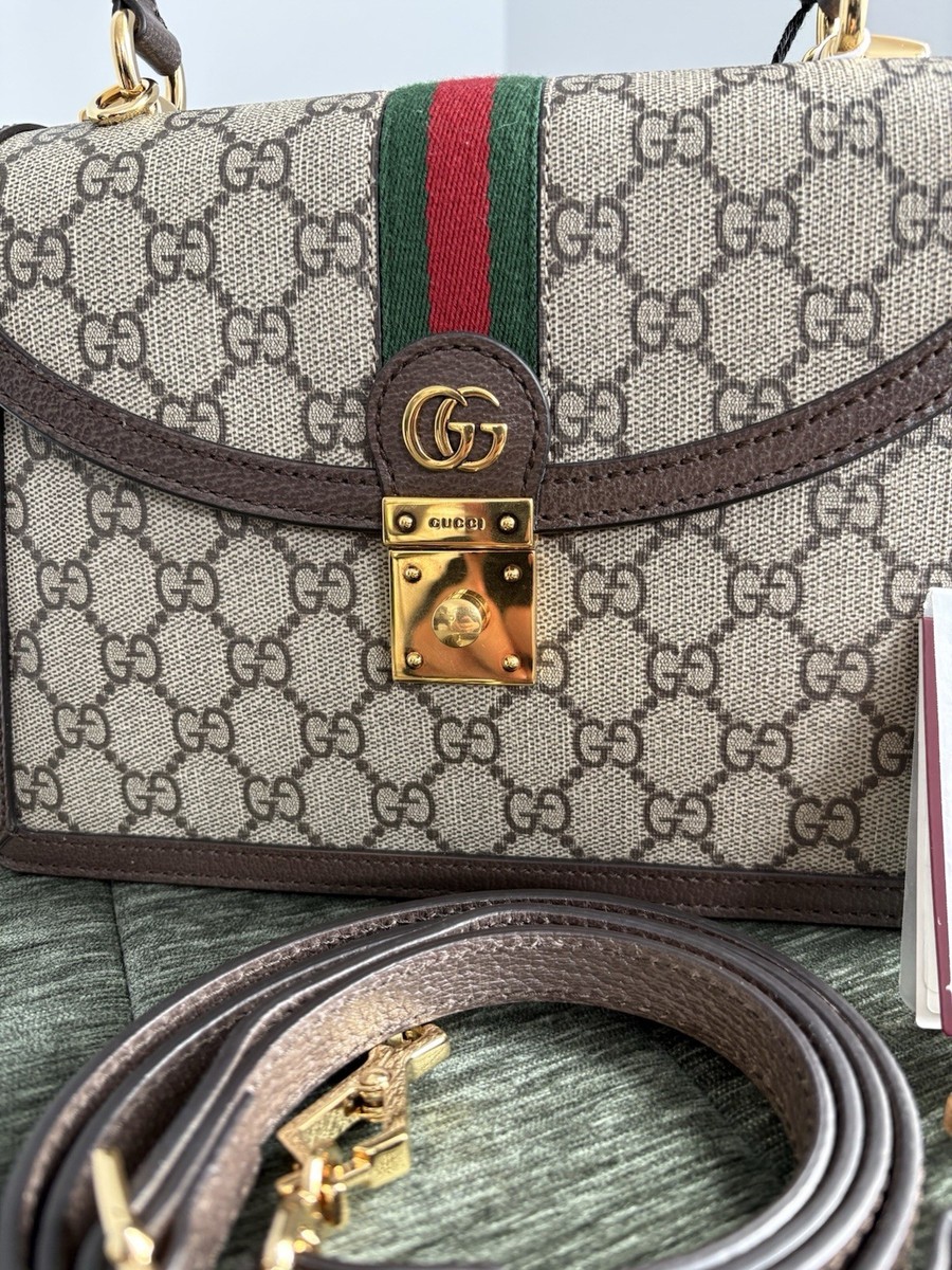 $2980 Gucci Women's Ophidia Medium top handle bag beige and ebony