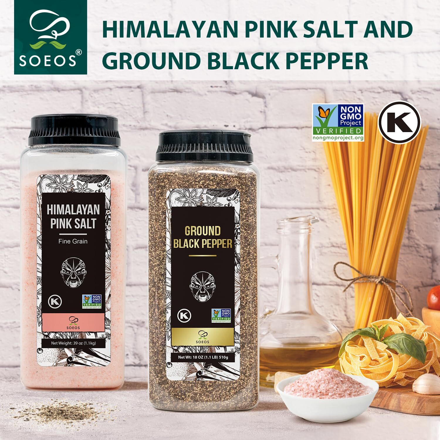 Himalayan Pink Salt Fine 39 oz+Ground Black Peppercorns 18 oz for Grinder Refill