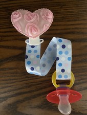 Pale Pink Heart Ribbon Pacifier holder clip strap, binky, paci leash-Handmade