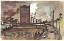 Gessner: Bottrop Kokerei Gasometer Ruhrgebiet Aquarell Druck 1953