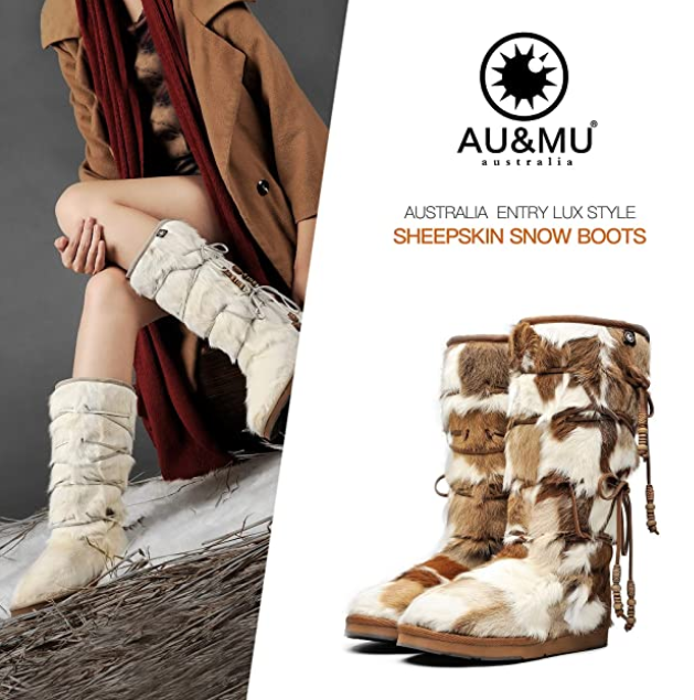 Stringed High Boot AUMU Wooden Bead String Sheepskin Fur Shearling Leather Knee High boots ...