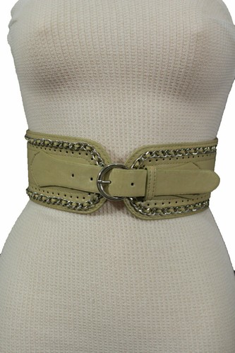 Hot Women Beige Faux Leather Fashion Belt Hip Waist Silver Metal Chains Size S M - Picture 17 of 24