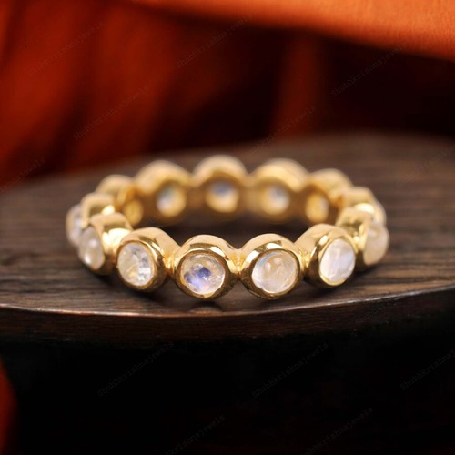 925 Sterling Silver 2 mm Round Shape Natural Moonstone Band Gold Plated Band - Picture 4 of 6