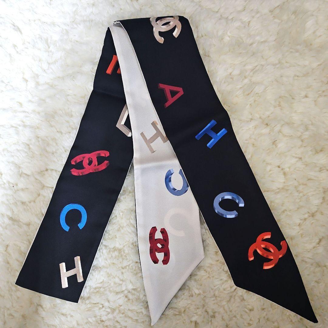 CHANEL Scarf Black White Silk Logo Women France 114051 | eBay