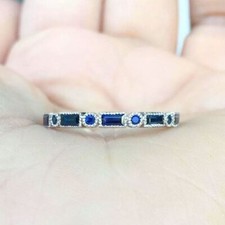 Baguette Blue Sapphire Diamond Eternity Wedding Ring 14K White Gold Finish