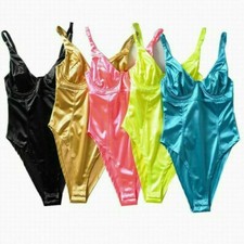 Damen Glänzend Body Turnanzug Ärmellos Elastisch Hoher Schlitz Bikini Bademode