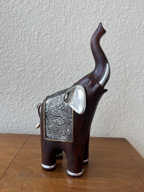 Handcrafted Unique Wooden w/ Metal “Lucky” Elephant Statue, Hand Made in India
