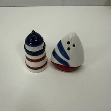 Lighthouse & Sailboat Salt Pepper Shakers Ceramic 2” Tall
